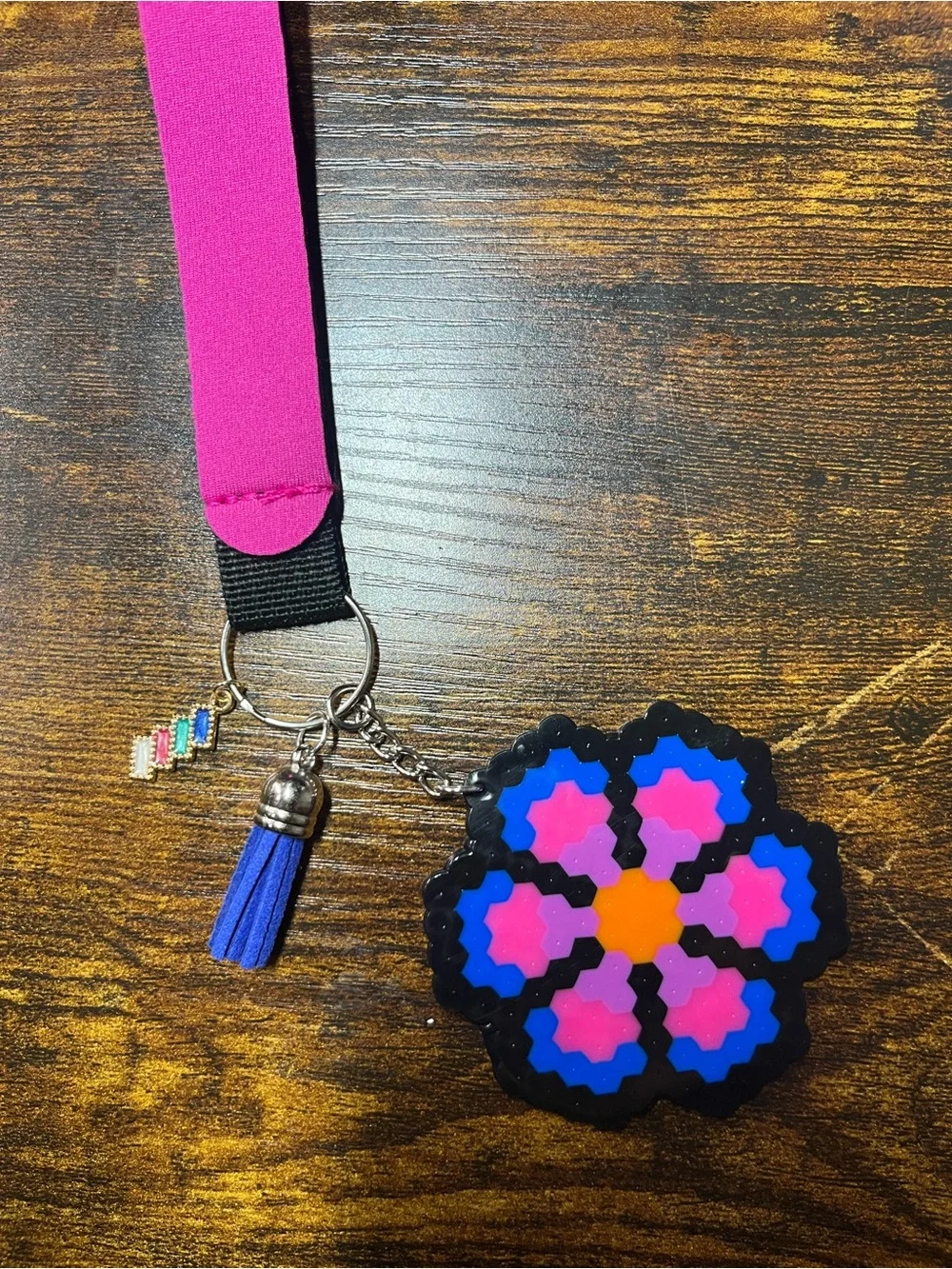 Pink and Blue Floral Keychain Wristlet with Tassel